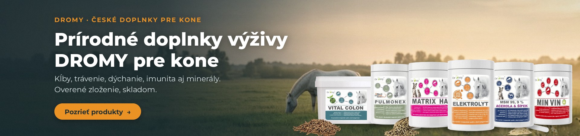 Prírodné doplnky výživy DROMY pre kone – kĺby, trávenie, dýchanie, imunita